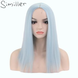 Wigs Similler Synthetic Women Short Wigs Straight Hair Mixed Color Light Blue Central Part