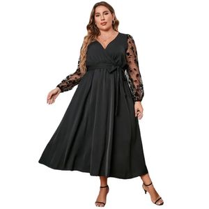 Vcut klänning elegant vneck broderad spets mesh midi med långa ärmar bälte för kvinnor hög midja wrap hem plus storlek 240312