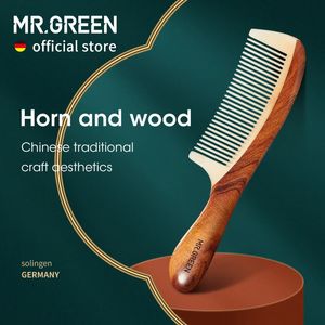 MR.GREEN Comb Natural Wood With Horn Splicing Structure Fine Tooth Hair Comb Anti-Static Head acupuncture point massage Gift 240314