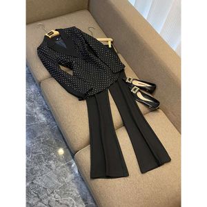 2024 Autumn Black Hot Drilling Two Piece Pants Sets Long Sleeve Notched-Lapel Single-Breasted Blazer Blazers Top & Flare Trousers Trousers Suits Set 2 O3G302643