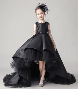 Beleza Preto Cetim Jóia Applique Beads Hi-Lo Flower Girl Dress Girl's Pageant Vestidos de Festa / Aniversário Vestidos de Menina Saia Personalizada SZ 2-12 D319022