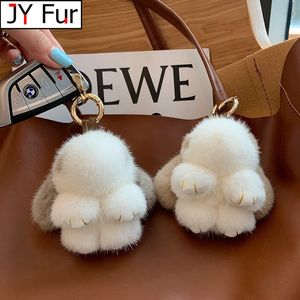 Cute Long Ear Bunny Keychain Real Mink Fur Rabbit Doll Pendant Toys Keyring Handbag Charm Ornament Pompom Plush Jewelry Gifts 240312