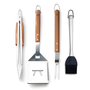 Outset Stainless Steel Tool Set, Verde Collection, Large Spatula, Tongs, Grill Fork, and Sauce Brush