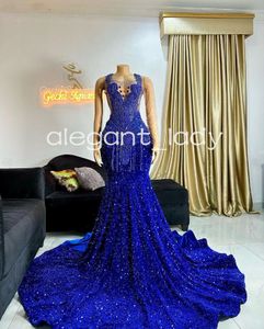 Royal Blue Sparkly Long Prom Ceremony Dresses For Black Girl 2024 Luxury Diamond Crystal Evening Födelsedag Gala Dress