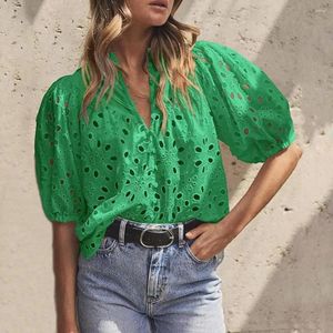 Blusas femininas manga balão topo elegante decote em v lanterna oco padrão de flor topos renda camisa bordada casual verão