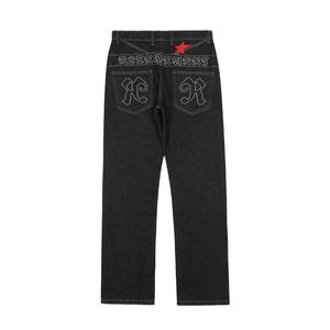 シックスターレター刺繍ブラックヒップホップメンストレートジーンズジーンズストリートウェアオールバギーデニムパンツファッションスポッニー240304