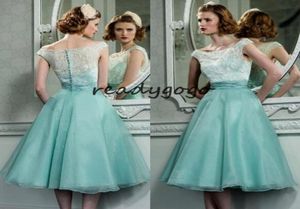 Vestidos Tealength Bridesmaid Dresses 2020 Vintage Lace Top Cap Sleeve Mint Green Ruffled Organza ALine Maid of Honor Gown4662693