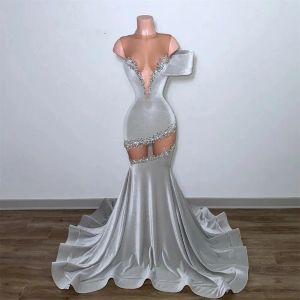 Luxury Silver Velvet Mermaid Prom Dress 2024 Black Girl One Shoulder Plus Plus Size Birthday Party Gowns Vestidos de Novia