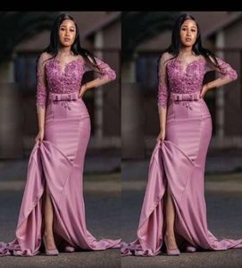 Dusty Rose Fashion Saudi Arabic Mermaid Evening Mother of the Bride Dress Satin Applique 34 ärmar Party Prom Pageant Dresses PL3626460