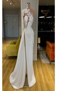 Designer de moda árabe Dubai requintado laço branco vestidos de baile alto pescoço um ombro manga longa formal vestido de noite lado split3025663