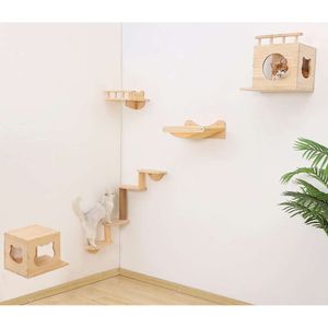 Conjunto de móveis de madeira montados para gatos internos, playground de escalada com rede de 2 paredes, escada de 4 níveis, 1 poste para arranhar gatos