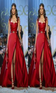 Elegant Red Prom Dresses Spaghetti Straps A Line Satin Thigh High Slits Sexy Evening Gowns with Belt Floor Length Special Occasion9173457