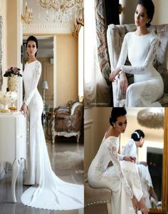 O szyi koronkowa osłona bohemia sukienki ślubne długie rękawy Satynowe aplikacje plus rozmiar skromne arabskie suknie ślubne ślubne BC26858564465