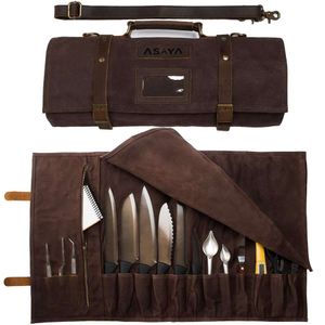 Asaya Waxed Canvas Roll 15 Knife Slots, Card Holder Large Zippered Pocket Genuine Leather, Cloth Brass Buckles for Chefs and Culinary Students - Knives Not