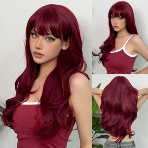 Synthetic Wigs Lace Wigs Cosplay Halloween Lolita Wig Synthetic Long Wave Dark Burgundy Wine Red Women Wigs with Bangs High Temperature Natural Fake Hair 240327