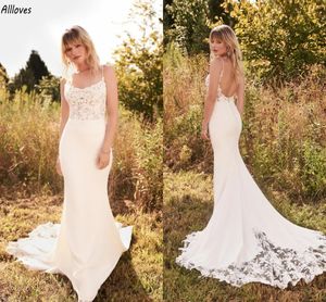 Western Country Boho Wedding Dresses Sexy Backless Spaghetti Straps Lace Mermaid Bridal Gowns Elegant Ivory Satin Bride Reception Party Robes de Mariee YD