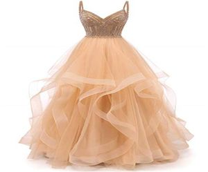 Tulle Crystal Beaded Prom Dresses Tiered Formal Evening Dresses Spaghetti Strap Ball Gown2082553
