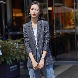 Women's Suits Grey Stripe Blazer Single Button Long Sleeve Office Lady Slim Work Women Plus Size Formal Blazers Interview Business
