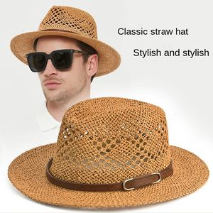 Designer Fedora Hat Wide Brim Man Beach Straw Exquisite Weave Mesh Hollow Out Bortable Summer Leisure 240311
