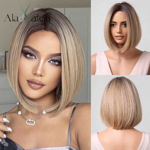 Synthetic Wigs Cosplay Wigs ALAN EATON Short Brown Bob Wigs for Women Straight Synthetic Hair with Dark Roots Middle Part Daily Cosplay High Temperature Wig 240329