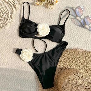 Kadın Mayo Seksi Çiçek Bandeau Thong Bikini 2024 Kadın Dantel Up Mayolar Yüzme Mavisi Takım elbise Brezilya Bikinis Seti Mujer Biquini