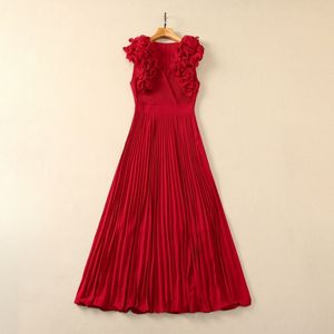 2024 Spring Wine Red Solid Color Pleated Dress Sleeveless V-Neck Ruffled Midi Casual Dresses S4M150315