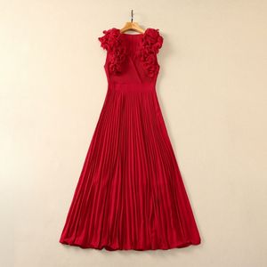 2024 primavera vinho vermelho cor sólida vestido plissado sem mangas com decote em v babados midi vestidos casuais s4m150315