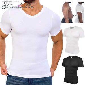 Men's Tank Tops Mens Body Shaper Compression Tank Tops V-Neck Short Sleeved Slimming Undershirt Workout Abs Abdomen Tummy Control Shapewear L240319