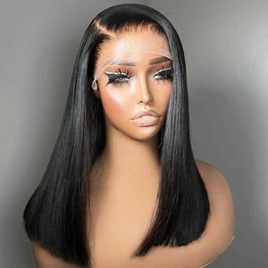 Syntetiska peruker Syntetiska peruker Kort rak Bob Wig Human Hair Wigs 180% Densitet Förplånad 13*4 Spets frontala brasilianska Remy Human Hair Wigs For Black Woman 240327