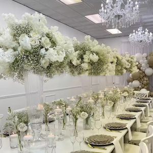 Ev dekorasyon açık cam masa merkezi şeffaf çiçek vazolar uzun cam vazolar düğün merkez parçaları beyaz gül ve bebeğin nefesi yapay çiçek topu
