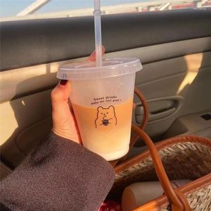 Wasserflaschen Korea Cartoon Welpen Glas Stroh Trinkbecher Kaffee mit Deckel und wiederverwendbare niedliche Bärenflasche tragbar