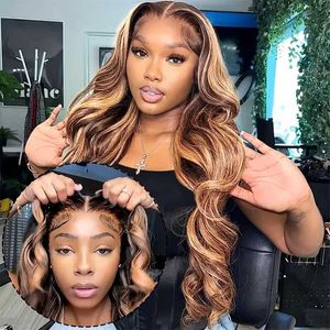 Synthetic Wigs Wetsuits Drysuits Honey Blonde Ombre Highlight 4x4 Lace Wig Glueless Body Wave Pre-Cut lace Closure Pre Plucked Lace Wear And Go Glueless Wig 240327