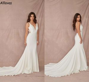 Abiti da sposa a sirena in raso elegante con scollo a V profondo Boho Abiti da sposa da giardino semplici e minimalisti in pizzo Corte dei treni Backless sexy Moda sposa Robes de Mariee YD