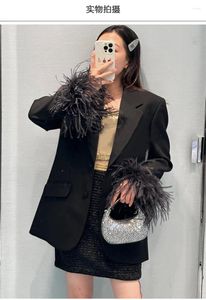 Women's Suits Spring Women Casual Suit Sleeves Stitched Ostrich Feather Coat Sexy Loose Lapel Long-sleeved Jacket Korean Reviews Many