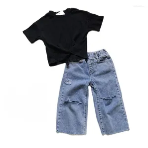 Conjuntos de roupas meninas verão manga curta conjunto 2-7y bebê primavera calças largas calças casuais jeans de duas peças crianças