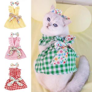 Dog Apparel Pet Dress With Plaid Print Exquisite Edging Outfit Set Sleeves Headdress Clothes Skirt For Summer