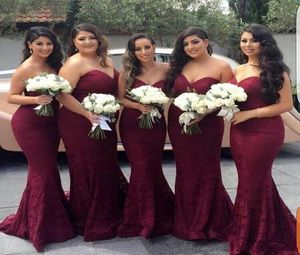 Burgundy Dubai Mermaid Lace Bridesmaids Dresses 2020 Strapless Backless Maid of honor Wedding Guest Party Gowns Custom Plus Size9175964