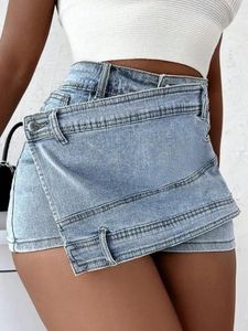 Women Fashion Denim Mini Skort Rave Street Wrap Stretch Irregular A-Line Skinny Cargo Jean Shorts Mujer 240315