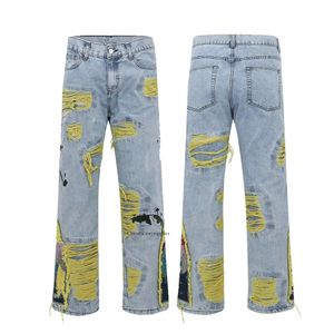 Męskie dżinsy duże projektant denim haftowane rozryte dżinsowe dziury szerokopasmowe spodni swobodne spodnie odzieżowe S-3xl megogh-8 cxg8181