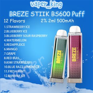 Breze Stiik BS600 Puff Disposable E Cigarettes Mesh Coil 2ml Pod 500 mAh Battery Electronic Cigs 2% 12 Flavors Puffs 600 Vape Pen