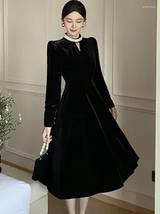 Casual Dresses Luxury Beading Elegant Black Velvet Long Women's Dress Autumn Winter Fashion Hollow Out Prom Clothes 2024 Korena Vintage