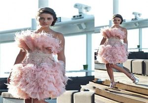 2017 Fancy Noble Pink Short Homecoming Dresses Strapless With Beaded Feather Prom Dresses Back Zipper Custom Made Cocktail Gowns P2929840