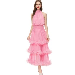 Women's Runway Dresses Stand Collar Sleeveless Tiered Appliques A Line Fashion Designer Evening Prom Gown