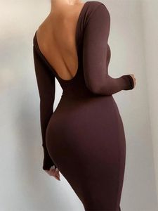 2024 Spring Sexy Backless Midi Dresses Bodycon Elegant Evening Club Party Birthday Brown Long Sleeve Dres 240312