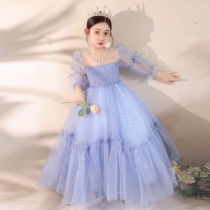 2024 Lovely Wedding Flower Girl Dresses Sheer Neck Ball Gown Kids Birthday Party Gowns dot blue toddler Pageant Wears Crystals Lilttle Kids Birthday Pageant Gowns