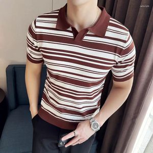 Polos masculinos estilo britânico listrado camisa polo de malha homens verão casual negócios lapela t-shirts manga curta fino ajuste malhas roupas