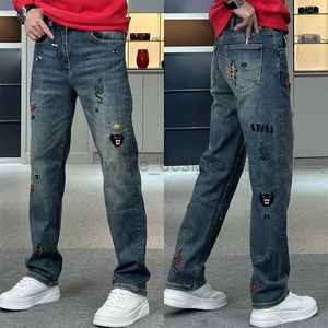 Jeans masculinos Designer Jeans bordados jeans de perna reta para homens primavera novo versátil americano azul casual calças elásticas calças de perna larga europeia