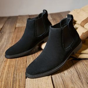 Stövlar brittiska stil stövlar män äkta läderhightop mocka midtoppstövlar runda tå slipon sömnad loafers svart grå