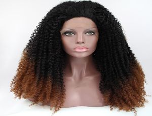 Kısa Afro Kinky Kıvırcık Dantelli Ön Peruk Ombre Kahverengi Renk Glueless Doğal Afrikalı Amerikalı Kadın Sentetik Peruklar Natural1369000