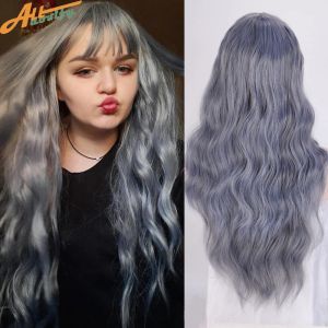 Perucas Allaosify Peruca Sintética Com Bang Longo Encaracolado Cosplay Lolita Rosa Preto Loira Cinza Azul Onda Vermelha Kinky Curly Hair Wigs para mulheres